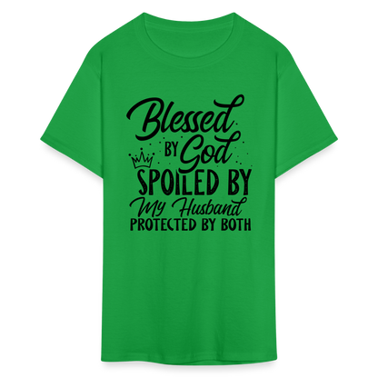 Blessed by God, Spoiled by My Husband Protected by Both T-Shirt - bright green