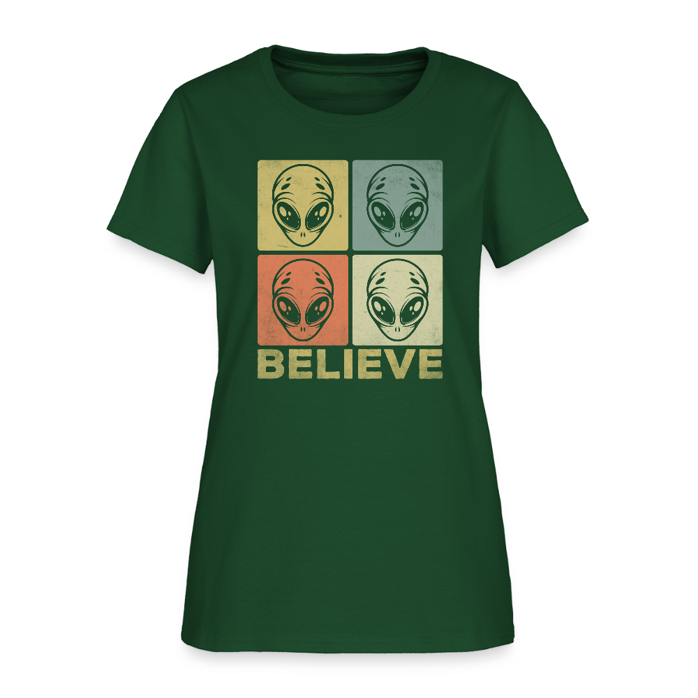 Believe Alien Women’s T-Shirt – Cute UFO Style with Alien Faces - forest green