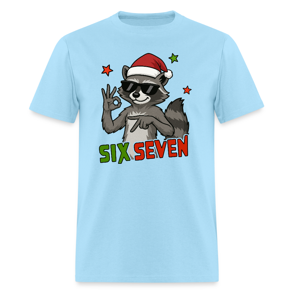Six Seven 67 Raccoon Wearing Christmas Hat T-Shirt - powder blue