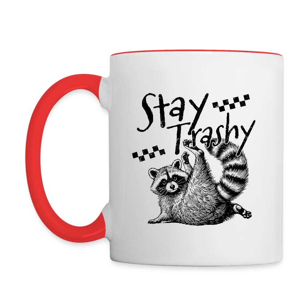 Stay Trashy Coffee Mug – Funny Feral Raccoon Design - white/red