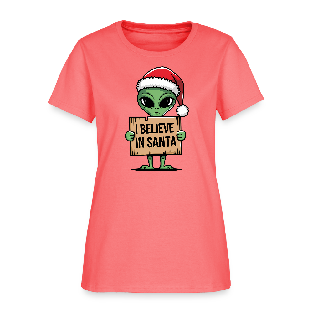 I Believe in Santa Women’s T-Shirt – Alien Christmas Tee Color: coral