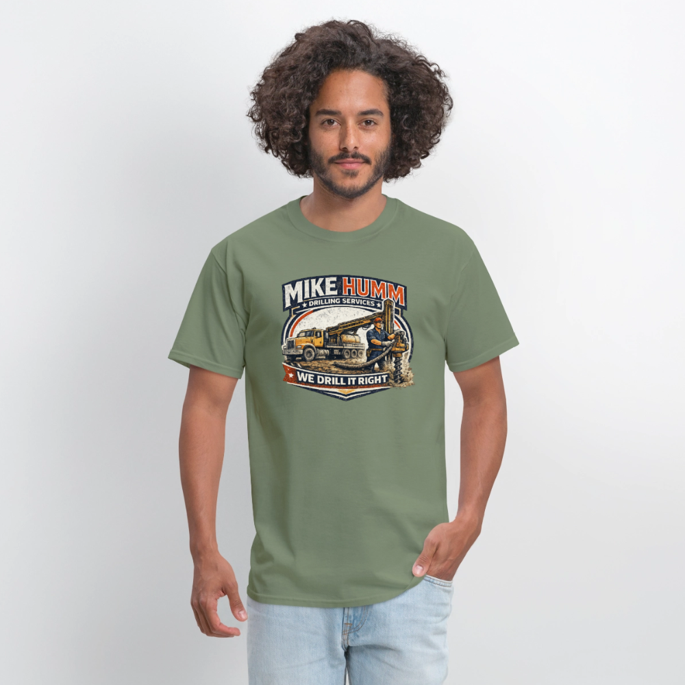 Mike Humm Drilling Services T-Shirt (Adult Humor, Sexual Humor) Color: blue dusk