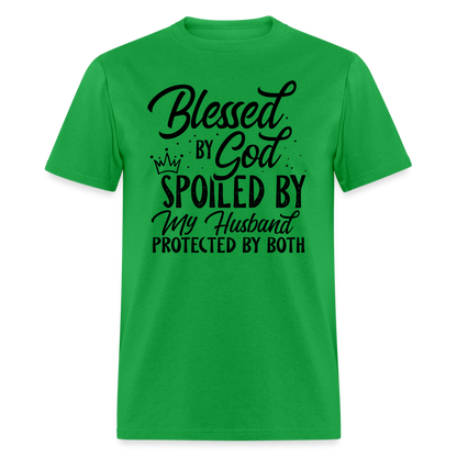 Blessed by God, Spoiled by My Husband Protected by Both T-Shirt - bright green