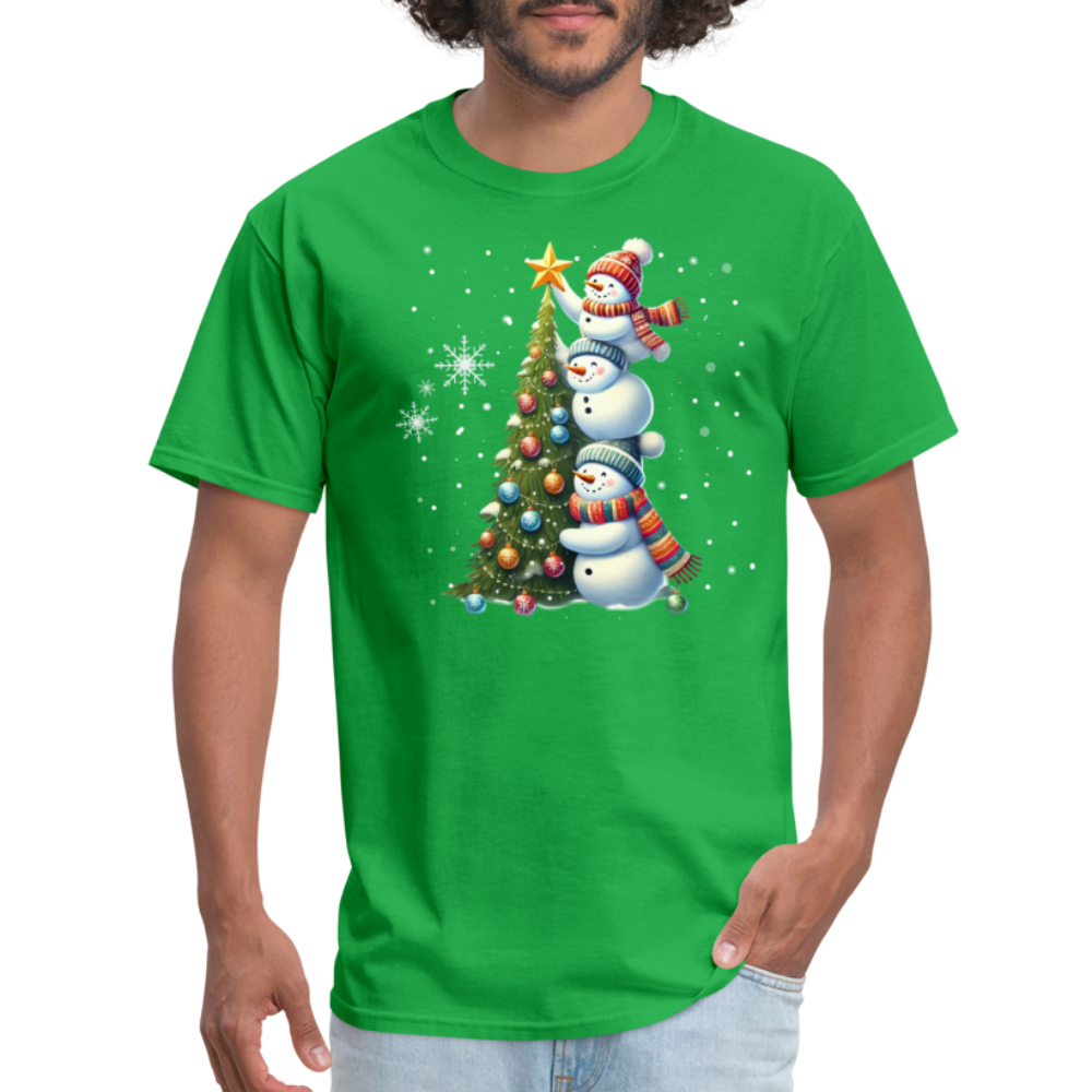 Cute Snowman Decorating Christmas Tree T-Shirt - bright green