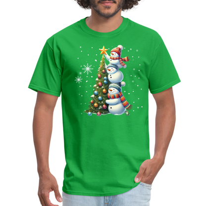 Cute Snowman Decorating Christmas Tree T-Shirt - bright green