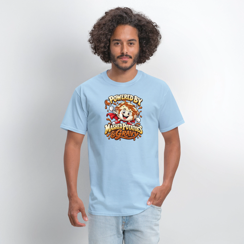 Powered by Mashed Potatoes & Gravy – Superhero T-Shirt - powder blue