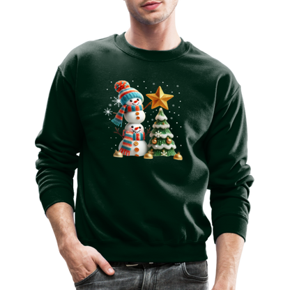 Cute Christmas Funny Snowman Decorating Tree Sweatshirt - forest green