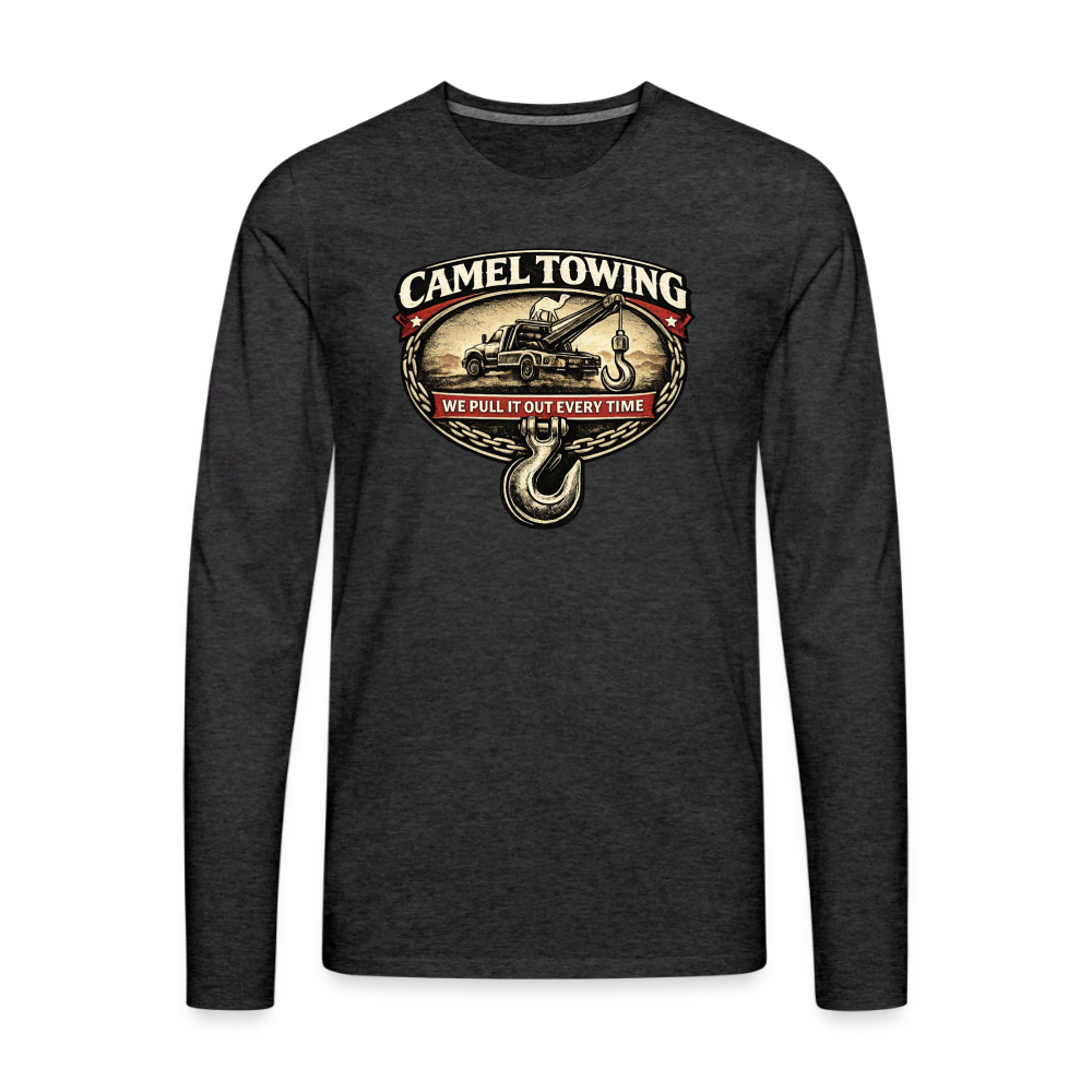 Camel Towing Funny Adult Long Sleeve Shirt Color: Charcoal Grey