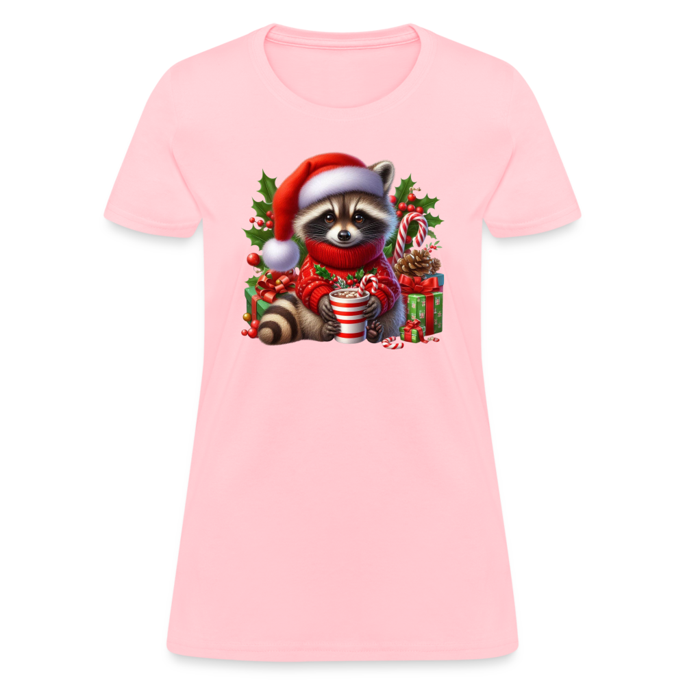 Christmas Cute Feral Raccoon Women's Contoured T-Shirt - pink