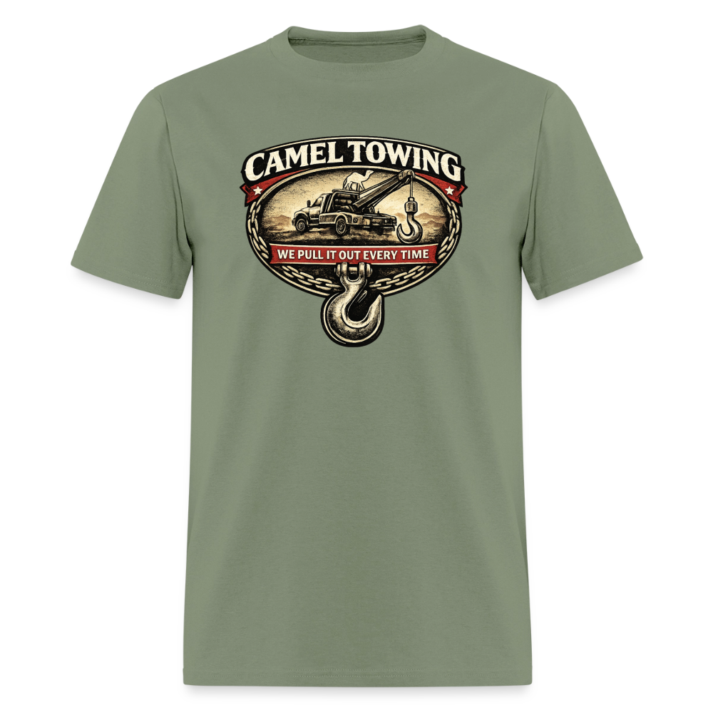 Camel Towing Funny Adult Humor T-Shirt Color: Military Green
