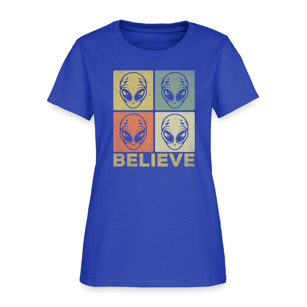 Believe Alien Women’s T-Shirt – Cute UFO Style with Alien Faces - royal blue