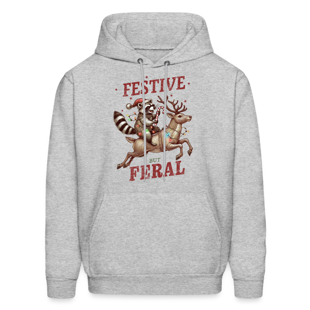 Festive But Feral Raccoon Christmas Hoodie - heather gray