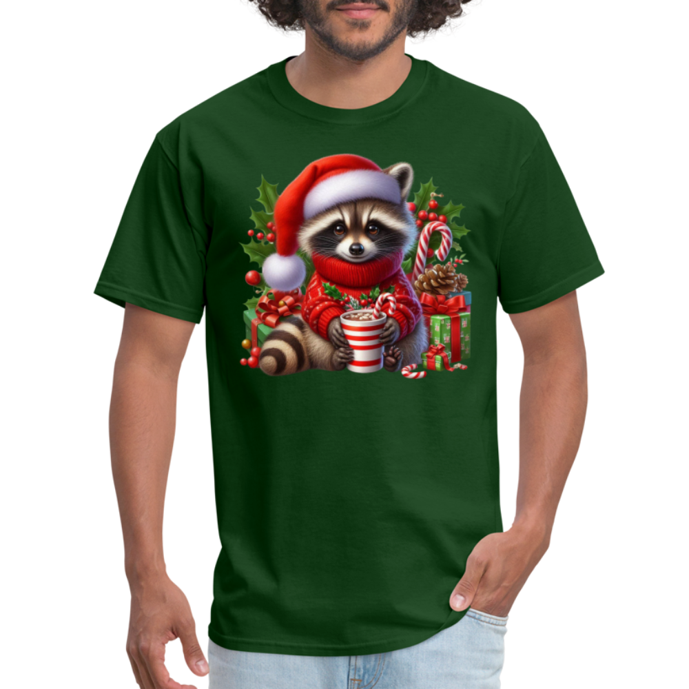 Christmas Cute Feral Raccoon T-Shirt - forest green