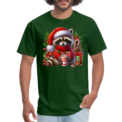 Christmas Cute Feral Raccoon T-Shirt - forest green