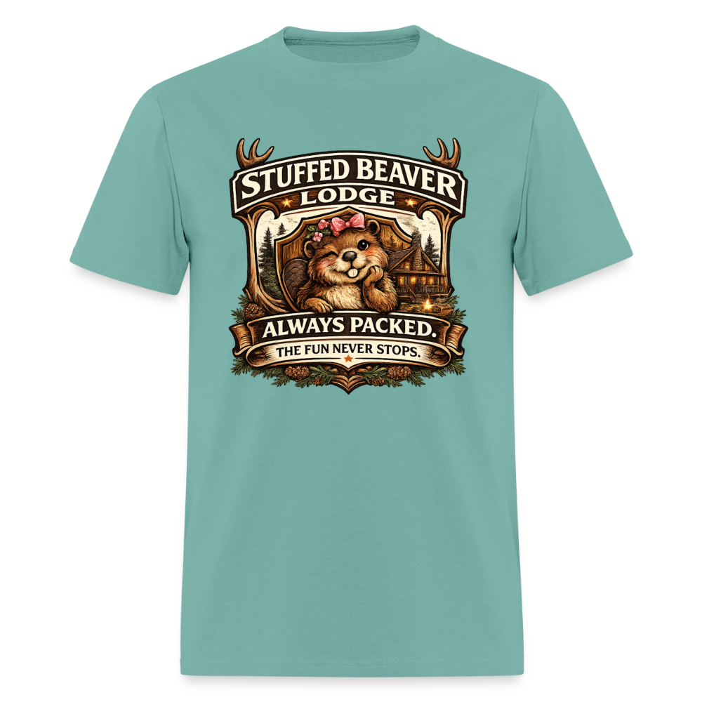 Stuffed Beaver Lodge Funny Adult T-Shirt Color: Aquatic
