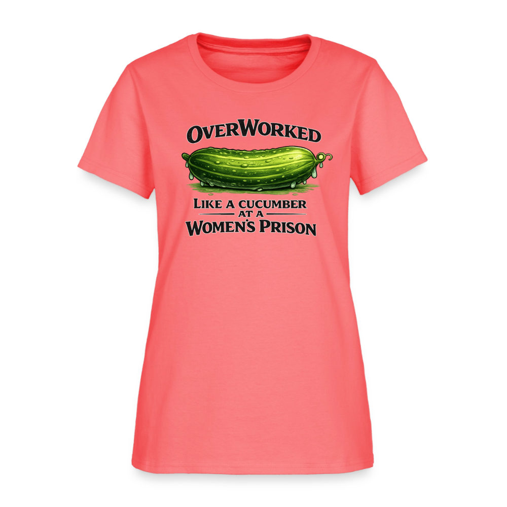 OverWorked Cucumber Funny Women’s T-Shirt Color: Coral