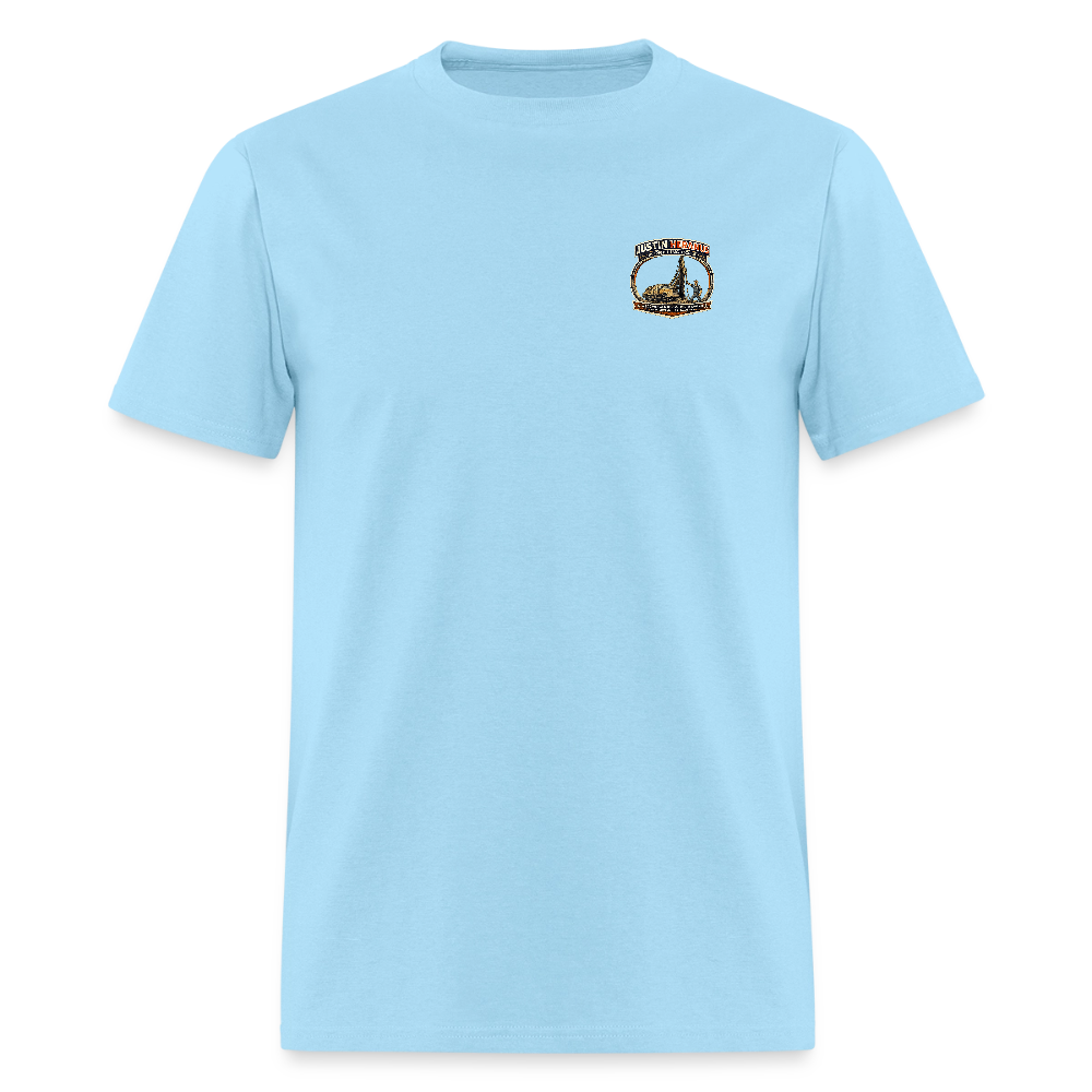 Justin Heranus Drilling Co Double Sided Funny Humor Tee - powder blue