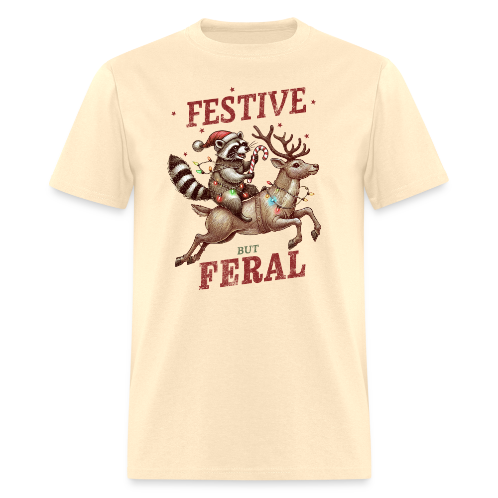 Festive But Feral Raccoon Christmas T-Shirt - natural