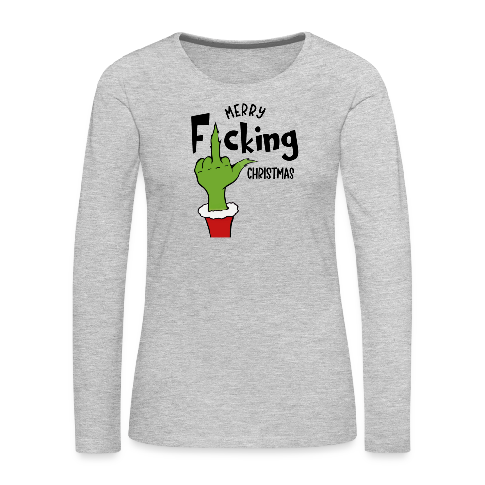 Merry F*cking Christmas Grumpy Middle Finger Women's Premium Long Sleeve T-Shirt - heather gray