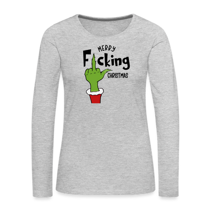 Merry F*cking Christmas Grumpy Middle Finger Women's Premium Long Sleeve T-Shirt - heather gray