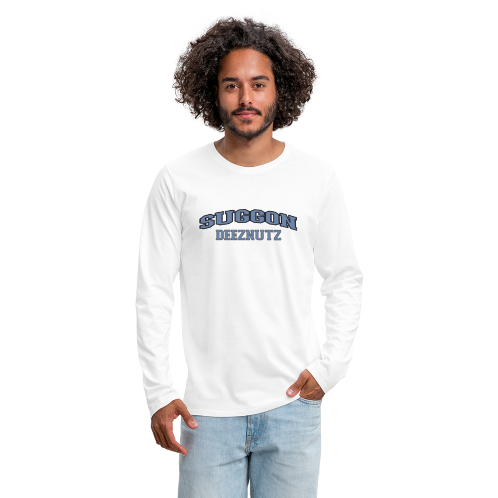 Suggon Deeznutz Men's Premium Long Sleeve T-Shirt (in Blue Ball Colors - Funny Sexual Humor) - white