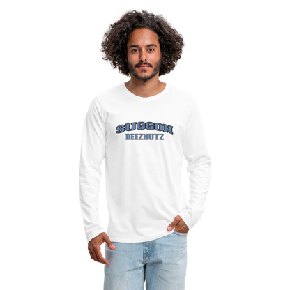 Suggon Deeznutz Men's Premium Long Sleeve T-Shirt (in Blue Ball Colors - Funny Sexual Humor) - white