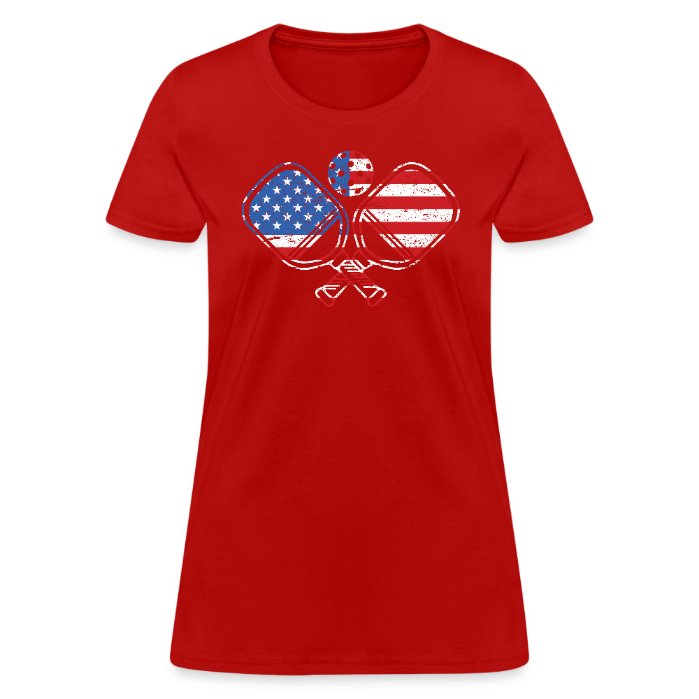 American Flag Pickleball Paddle Women's Contoured T-Shirt - red