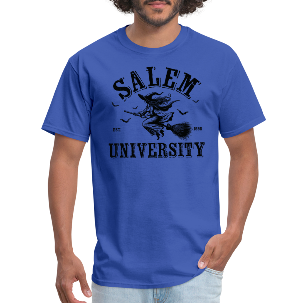 Salem University T-Shirt (Halloween Witch Riding Broom) - royal blue