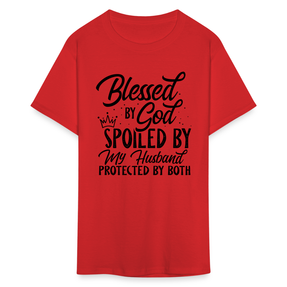 Blessed by God, Spoiled by My Husband Protected by Both T-Shirt - red