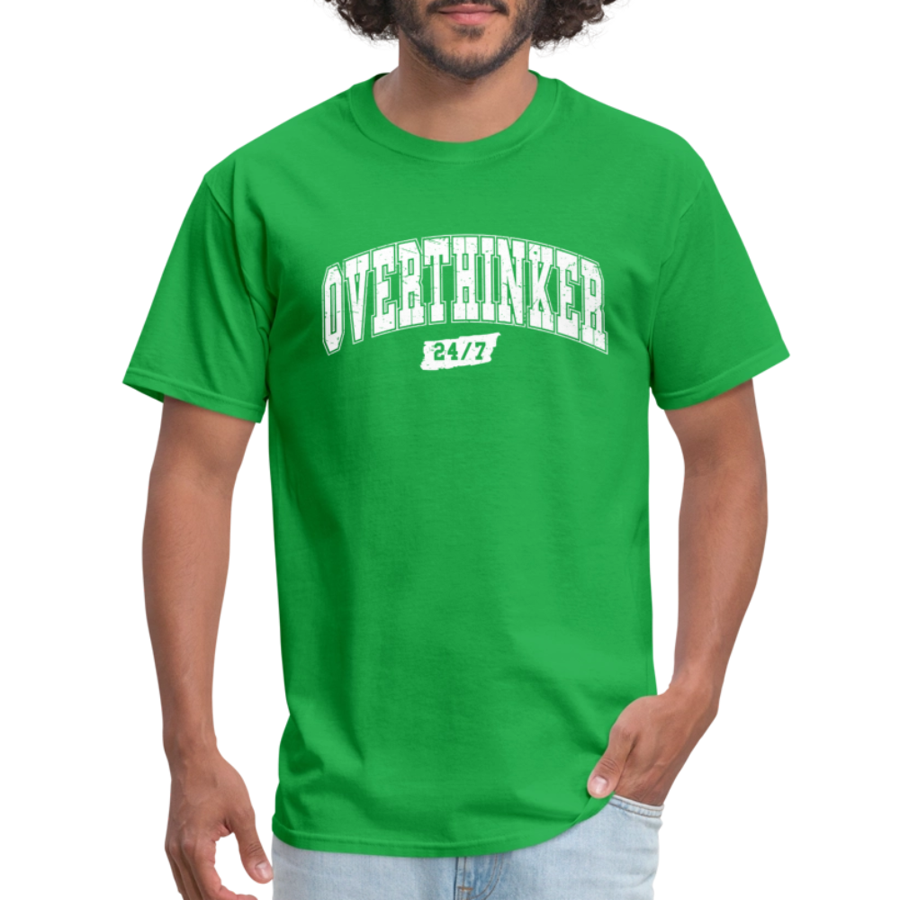 Overthinker 24/7 Funny T-Shirt – White Arched Letters Color: heather black