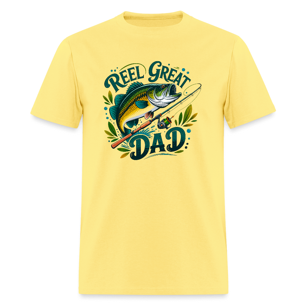 Reel Great Dad Funny Fishing T-Shirt with Rod & Fish - cornsilk