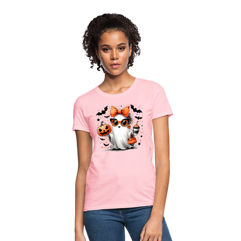 Cute Halloween Ghost with Pumpkins and Bats Women's T-Shirt (Mom Halloween Tee) - pink