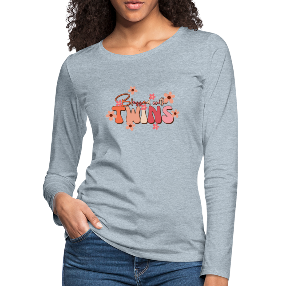 Blessed With Twins Women's Premium Long Sleeve T-Shirt - heather ice blue