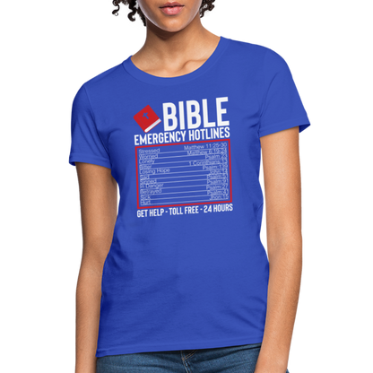 Bible Emergency Hotline (Scriptures) Women's Contoured T-Shirt - royal blue