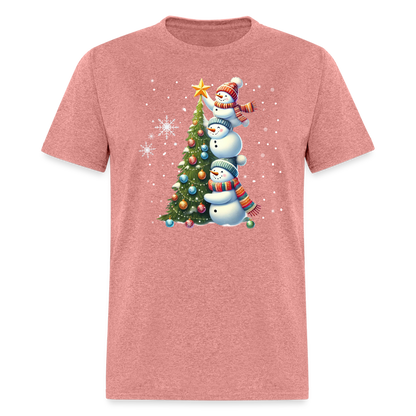 Cute Snowman Decorating Christmas Tree T-Shirt - heather mauve