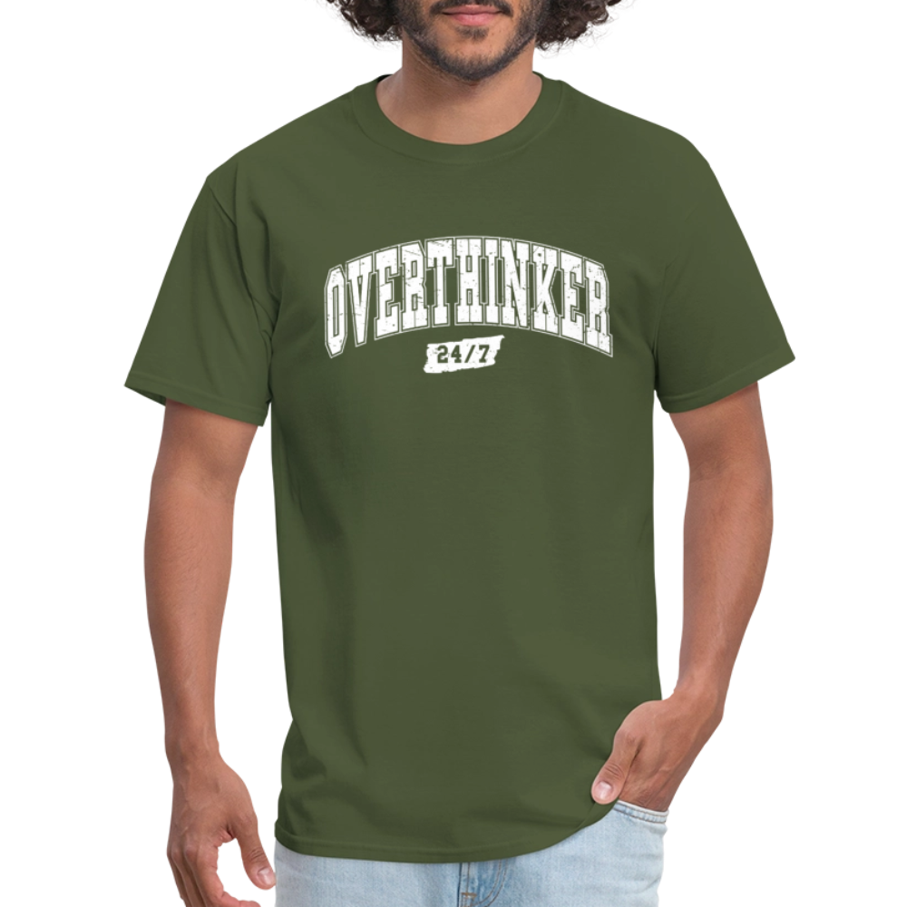 Overthinker 24/7 Funny T-Shirt – White Arched Letters Color: heather black