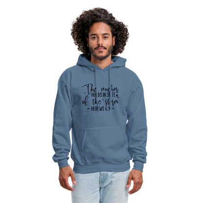 The Anchor Holds in Spit of the Storm Hoodie (Hebrews 6:9) - denim blue