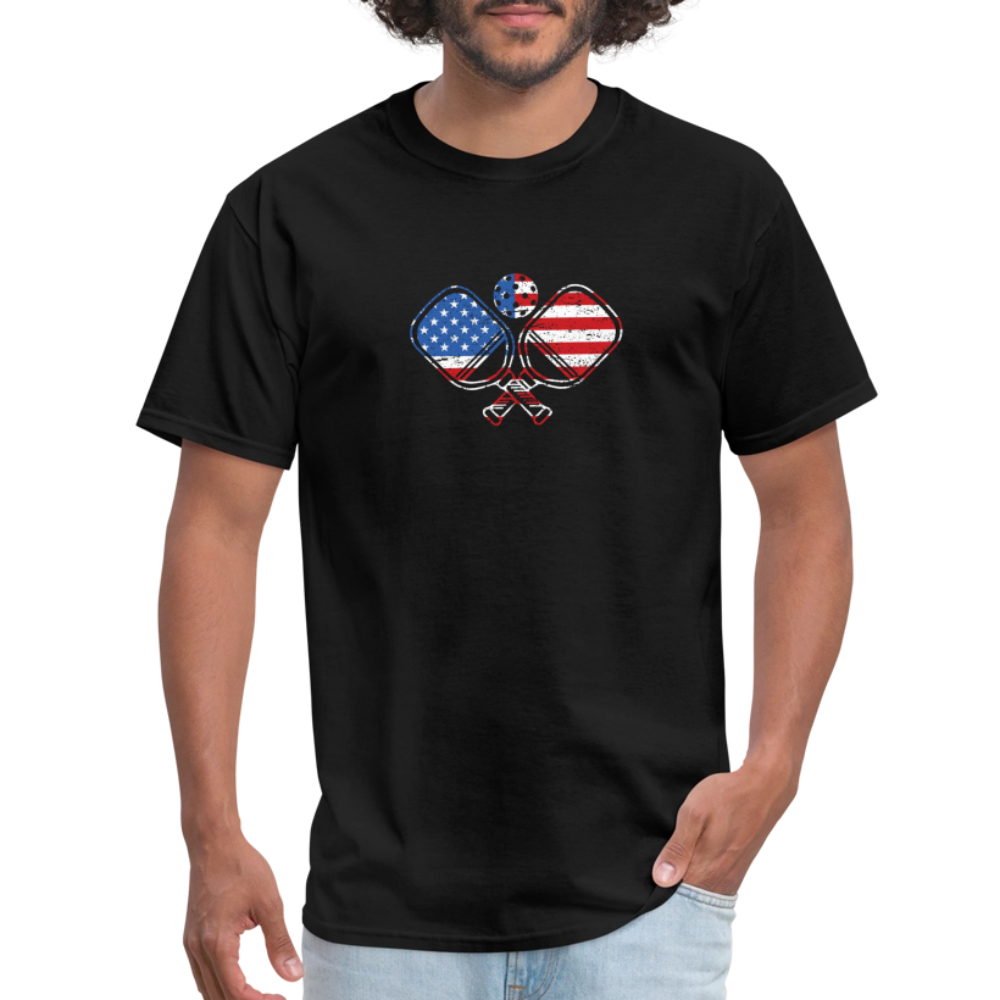 American Flag Pickleball Paddle T-Shirt - black