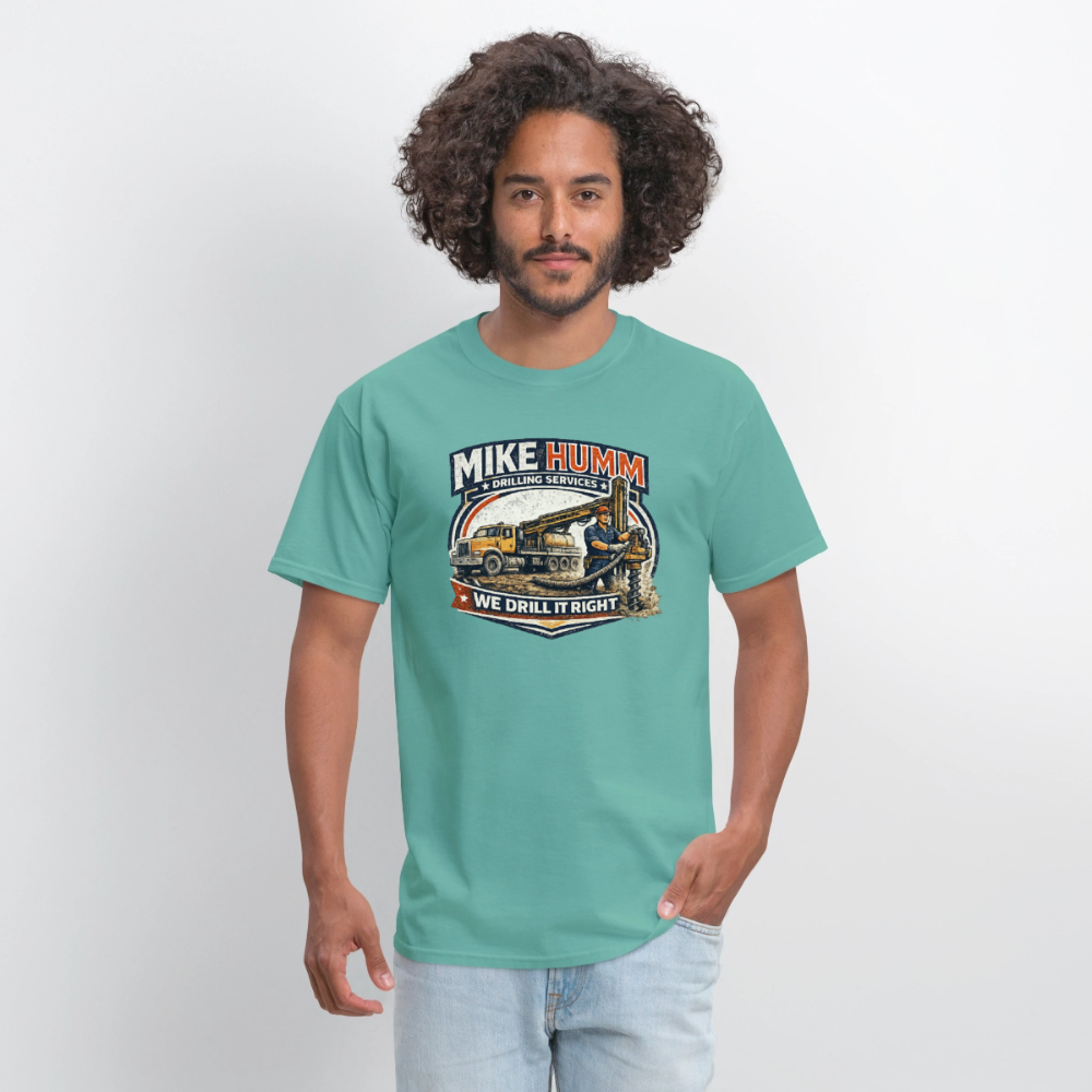 Mike Humm Drilling Services T-Shirt (Adult Humor, Sexual Humor) Color: blue dusk