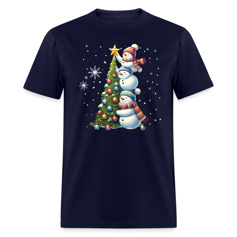 Cute Snowman Decorating Christmas Tree T-Shirt - navy