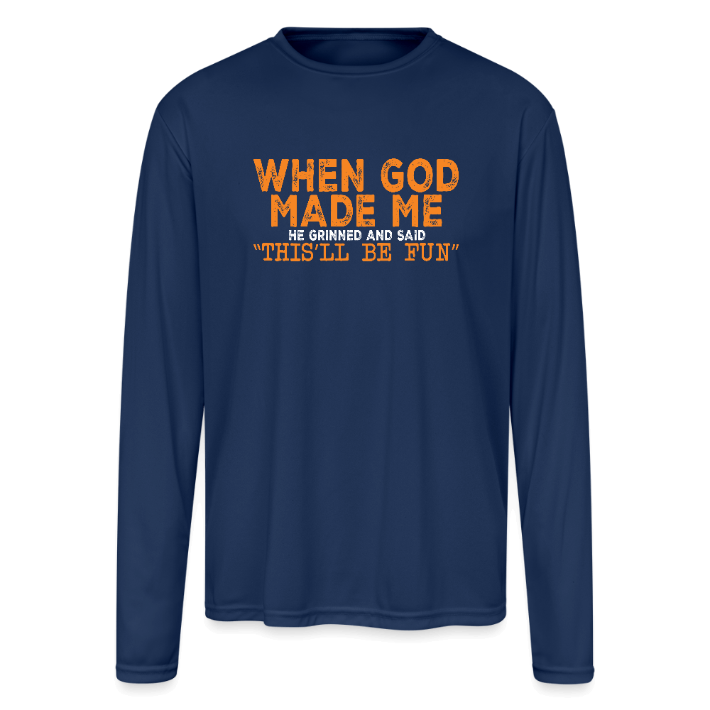 When God Made Me Performance Long Sleeve – Faith Meets Humor - navy