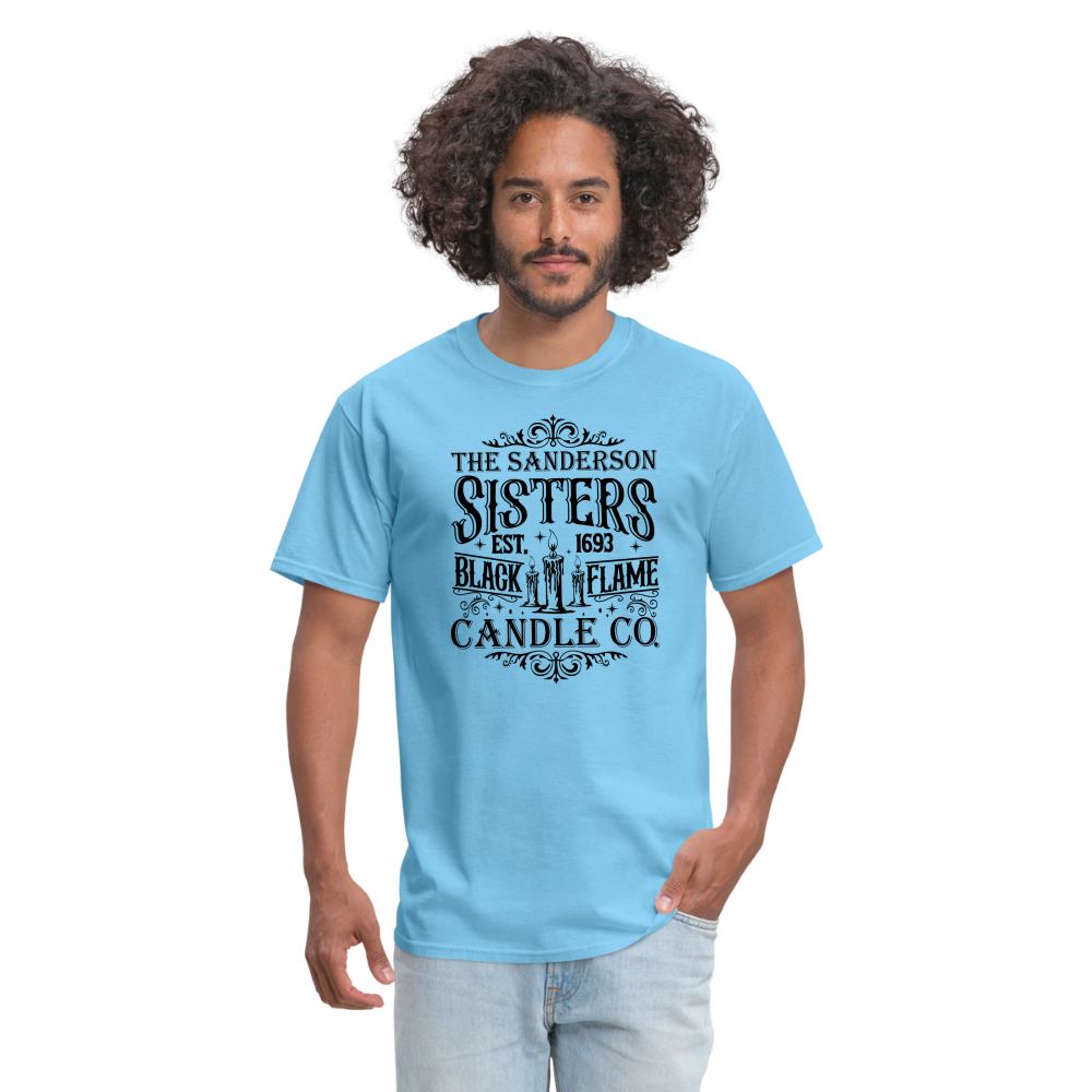 The Sanderson Sisters Black Flame Candle Co. T-Shirt (Halloween) - aquatic blue