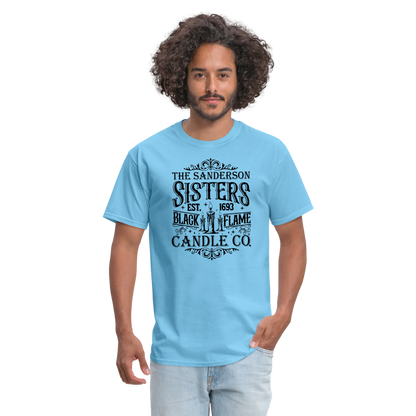 The Sanderson Sisters Black Flame Candle Co. T-Shirt (Halloween) - aquatic blue