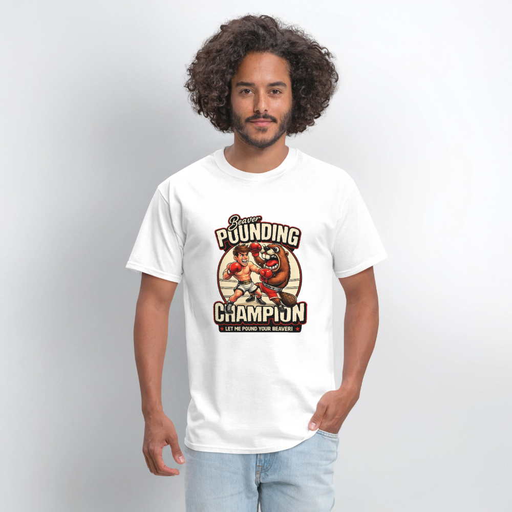 Beaver Pounding Champion Funny Adult Humor Graphic T-Shirt - white