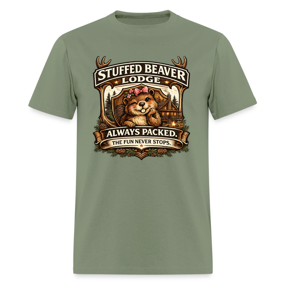 Stuffed Beaver Lodge Funny Adult T-Shirt Color: Military Green