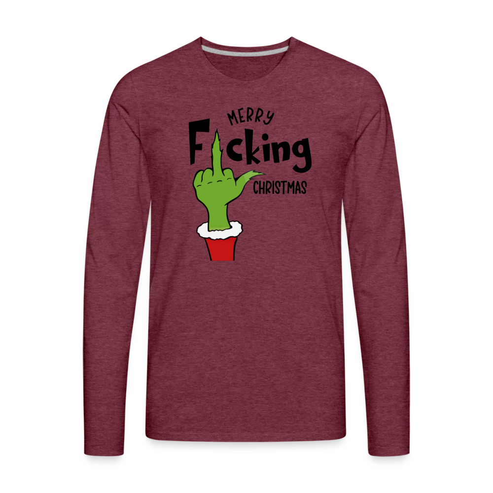 Merry F*cking Christmas Grumpy Middle Finger Men's Premium Long Sleeve T-Shirt - heather burgundy