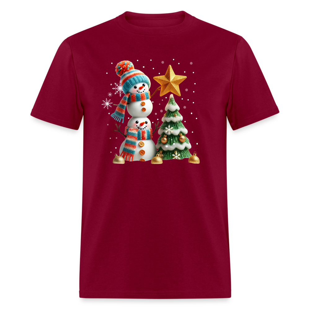 Cute Christmas Funny Snowman Decorating Tree T-Shirt - burgundy