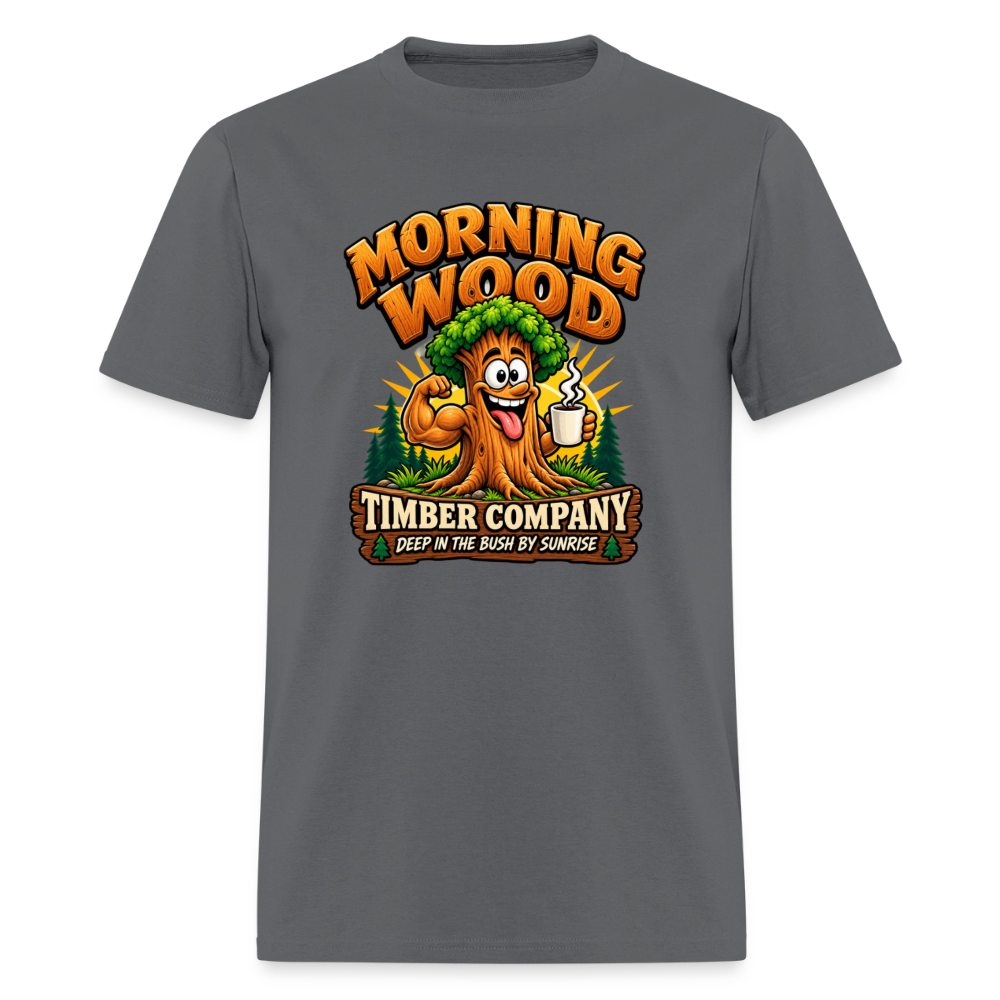 Morning Wood Timber Company Funny Adult Humor T-Shirt – Deep in the Bush by Sunrise Color: Charcoal