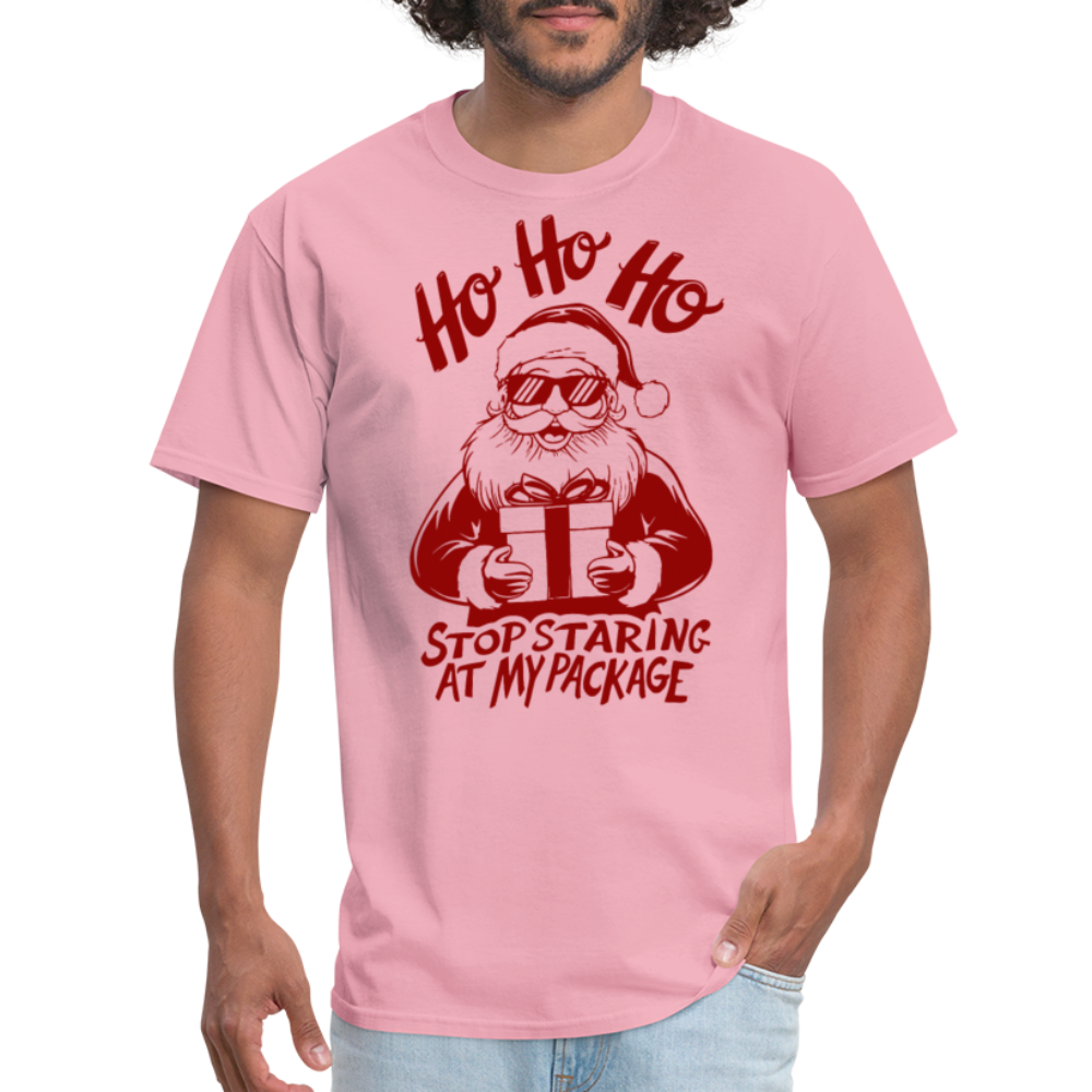 Ho Ho Ho Stop Staring Ay My Package (Funny Christmas Santa) T-Shirt - pink