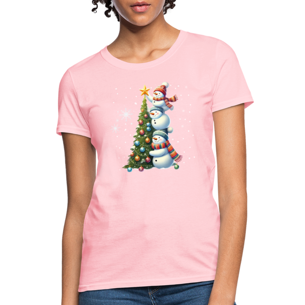 Cute Snowman Decorating Christmas Tree Women's Contoured T-Shirt - pink